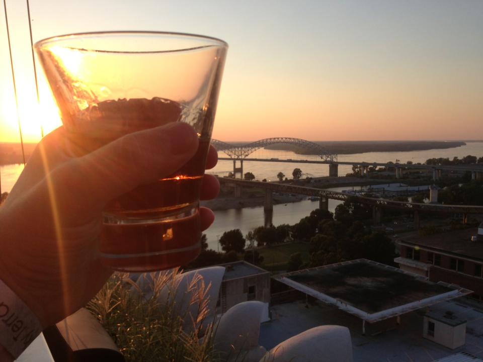 Madison Hotel's rooftop bar in Memphis at sunset